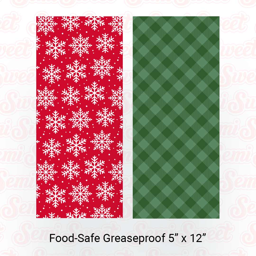 Red Snowflakes & Green Gingham - Food-Safe Greaseproof Cookie Card Backers - 5" x 12"