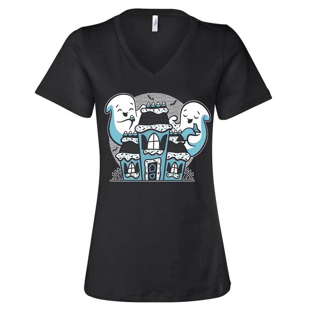 Ghost Gingerbread House Ladies Blue-Ink V-Neck T-Shirt