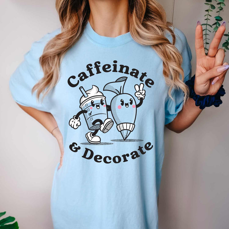 caffeinate and decorate cookie shirt blue