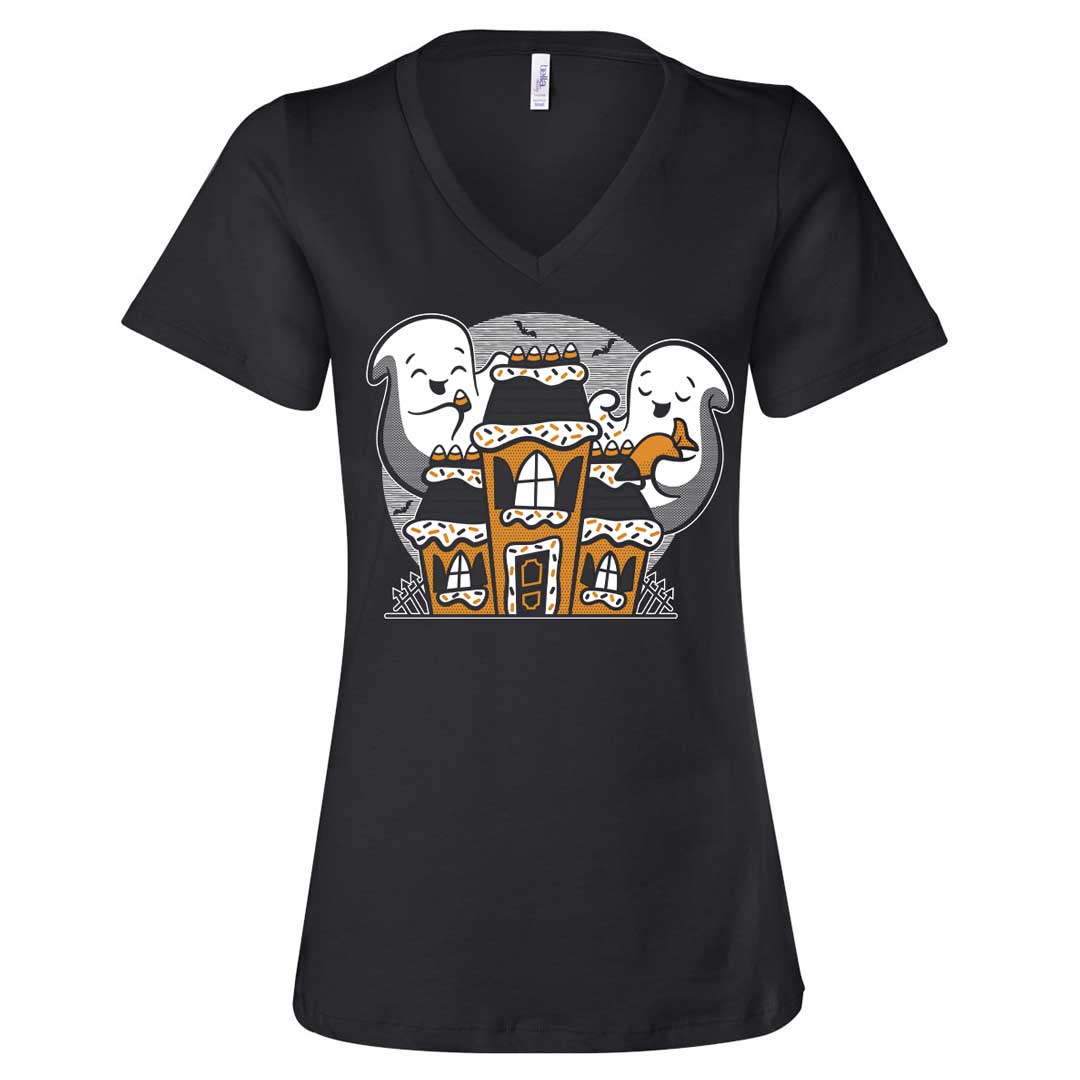 Ghost Gingerbread House Ladies Orange-Ink V-Neck T-Shirt