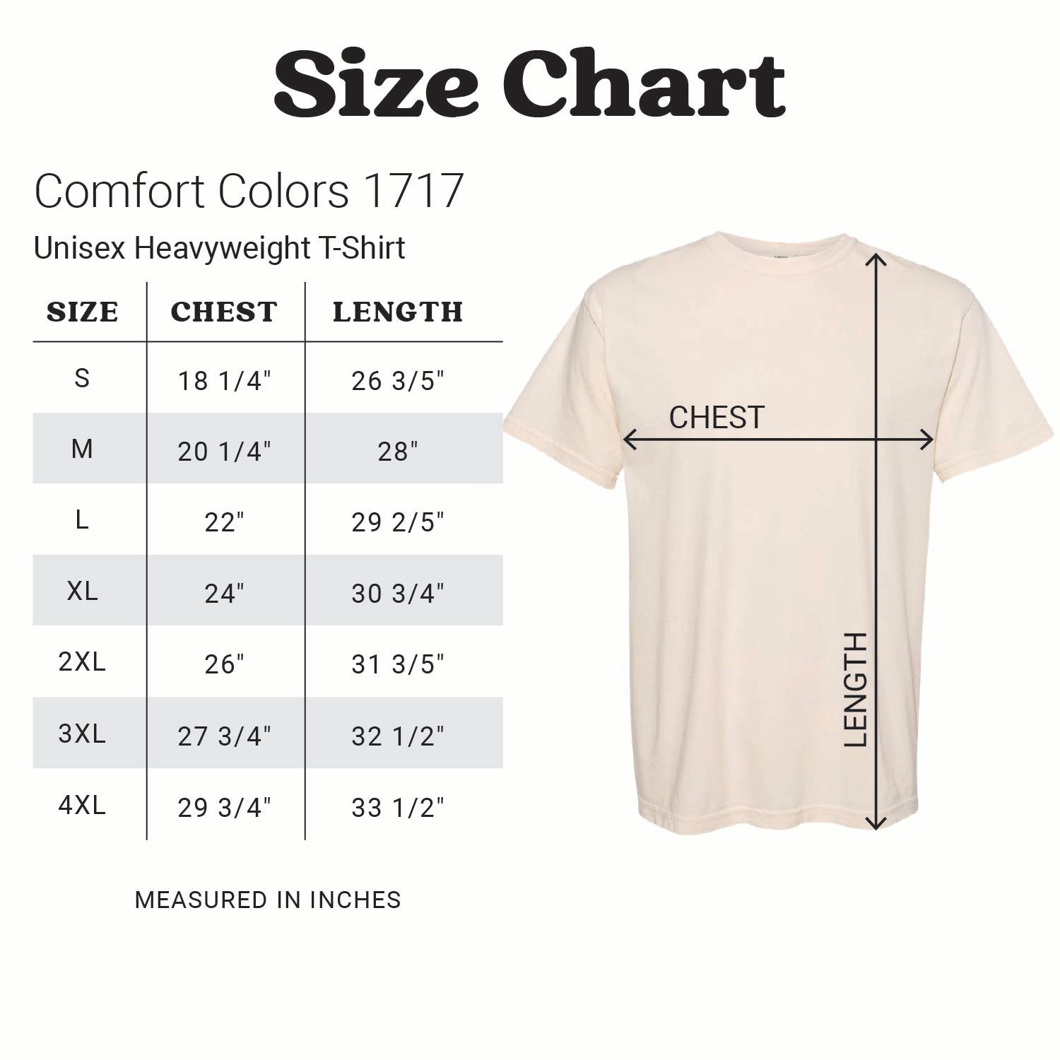 Size Chart for Comfort Colors 1717 | Semi Sweet Designs