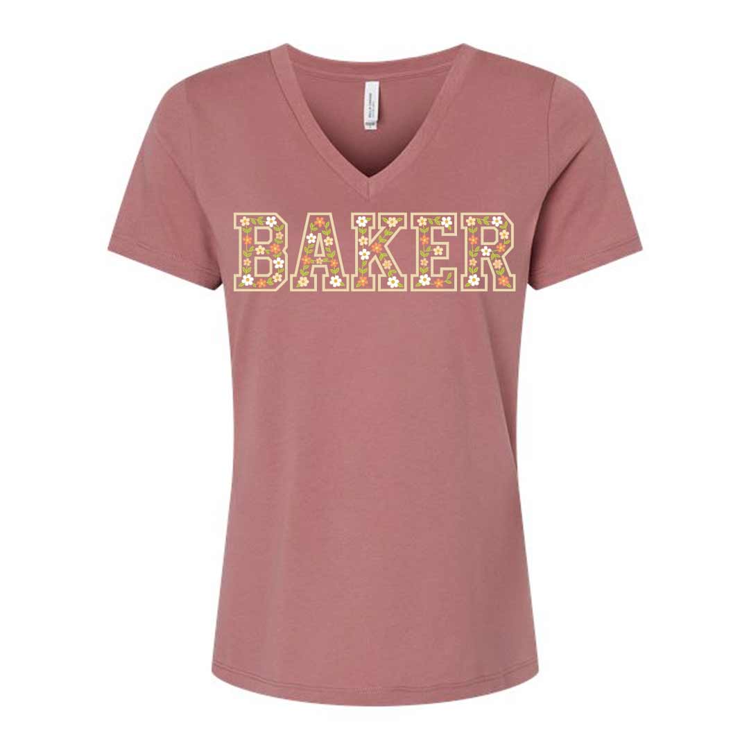 Floral Baker Ladies V-Neck T-Shirt