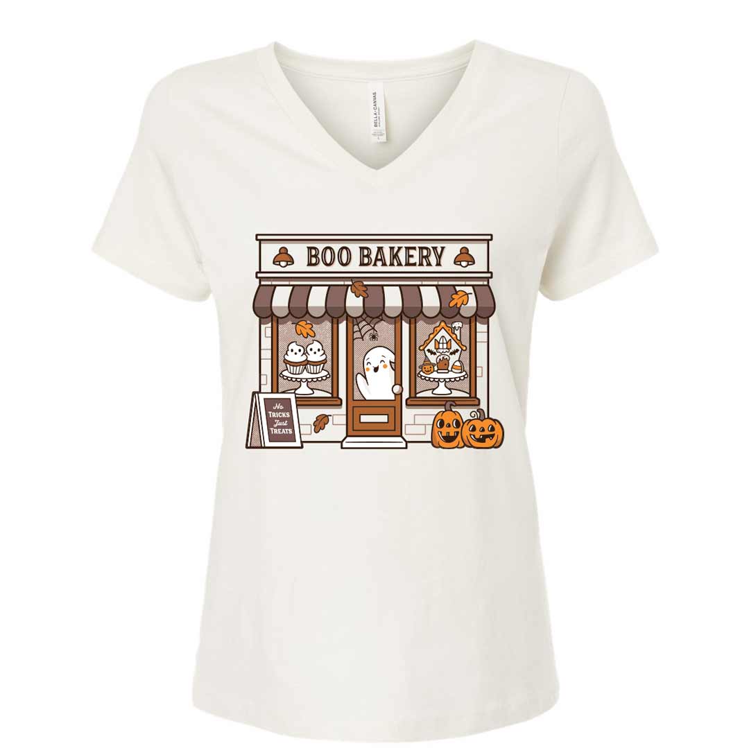 Boo Bakery Storefront Ladies V-Neck T-Shirt