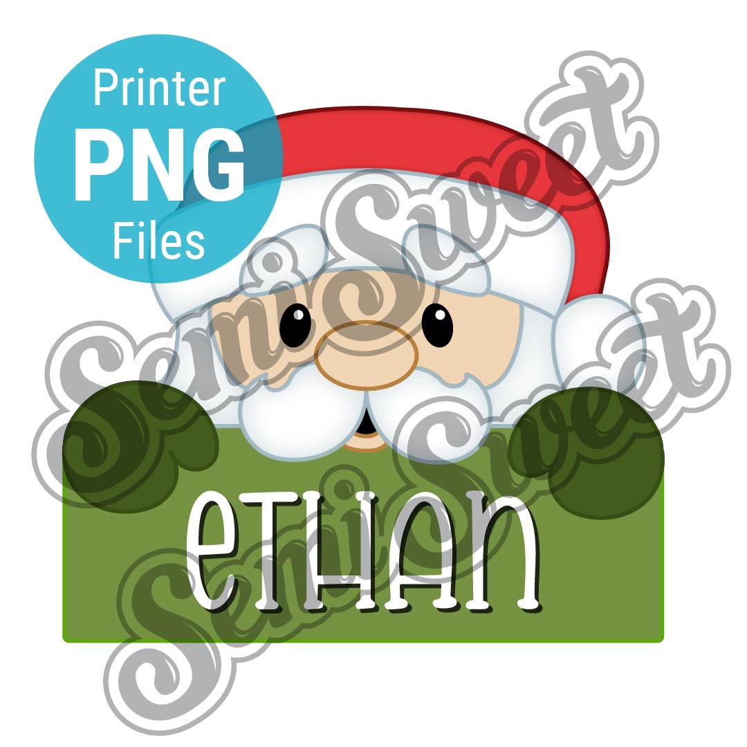 Cartoon Santa Claus face with 'Ethan' text on a green background, labeled 'Printer PNG Files'.