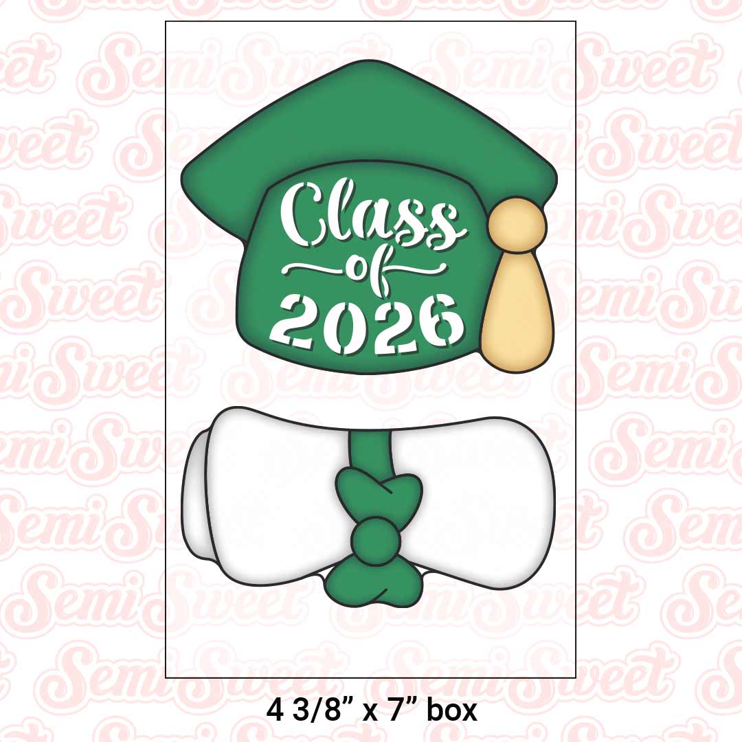 Graduation-themed box with 'Class of 2026' text on a cap and a diploma cookie. Made by Semi Sweet Designs.