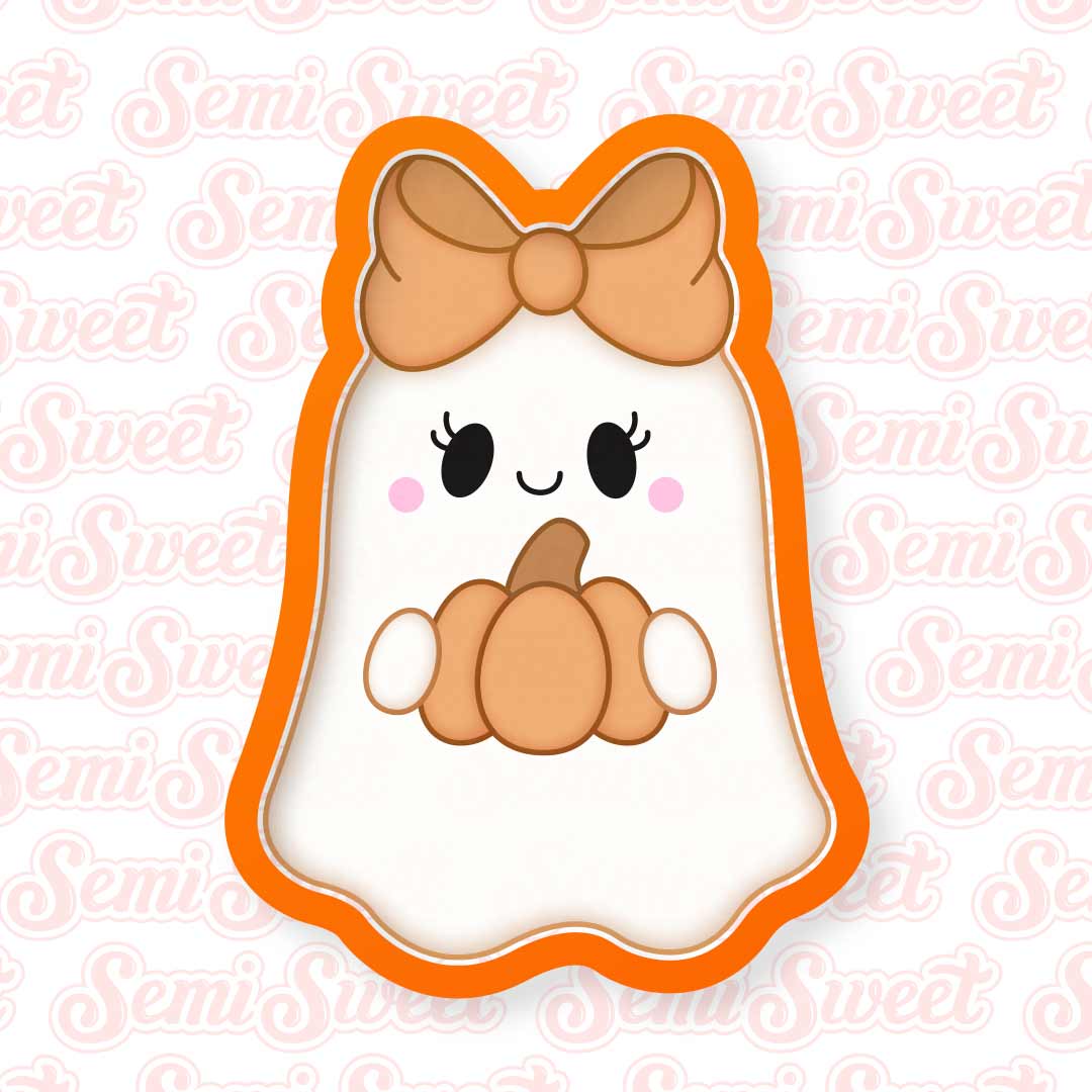 A cute cartoon ghost-shaped cookie cutter or sticker outline with an orange border, a tan bow, and a pumpkin motif, shown on a white background with a repeating faint 'Semi Sweet' watermark.