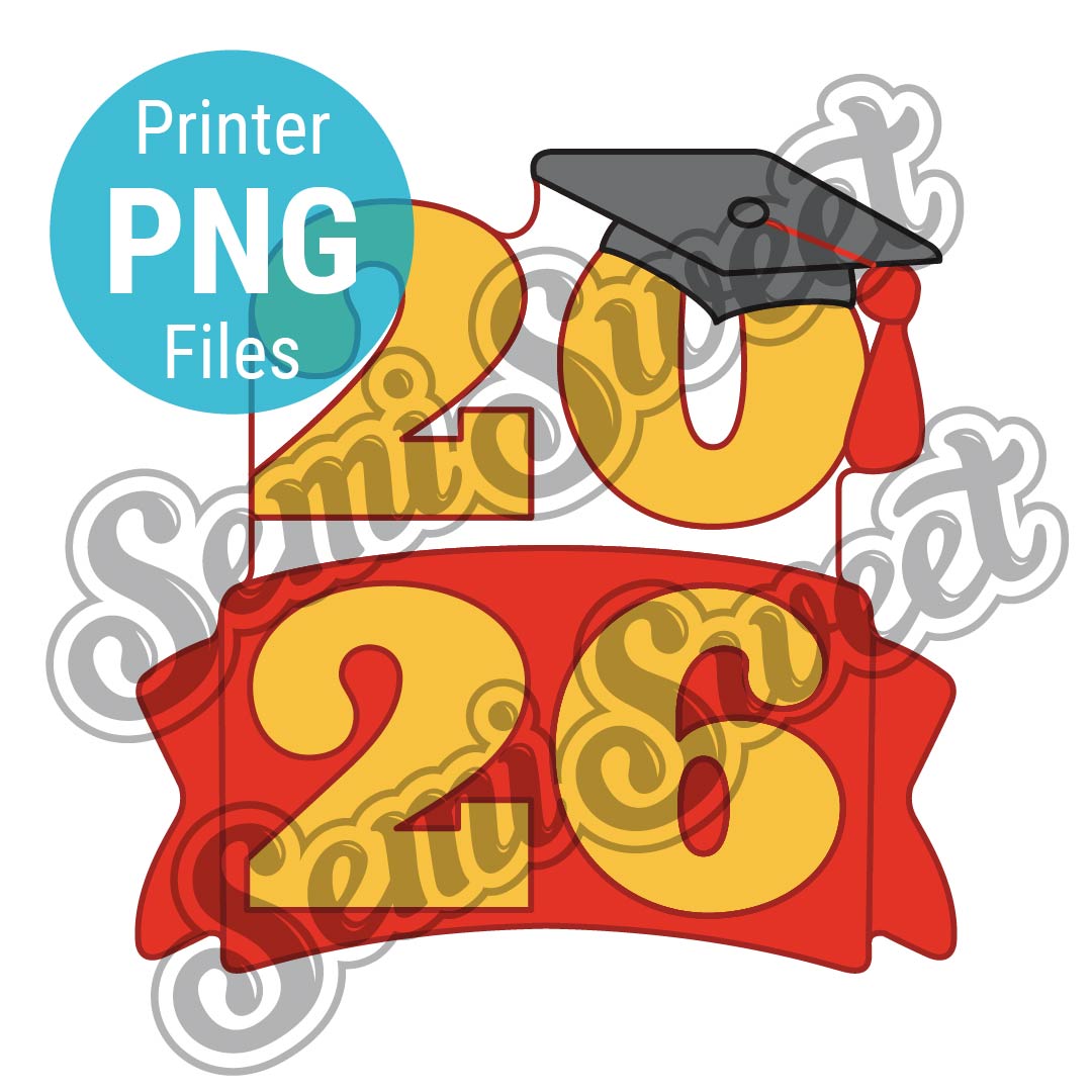 Graduation-themed design with '2026' text and a graduation cap on a white background, made by Semi Sweet Designs
