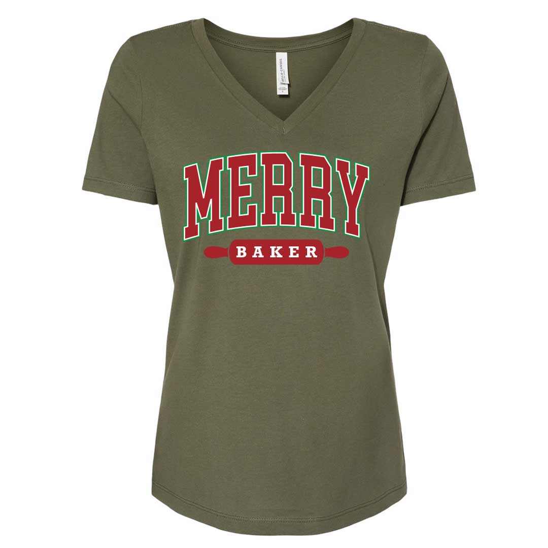 Merry Baker Ladies V-Neck T-Shirt