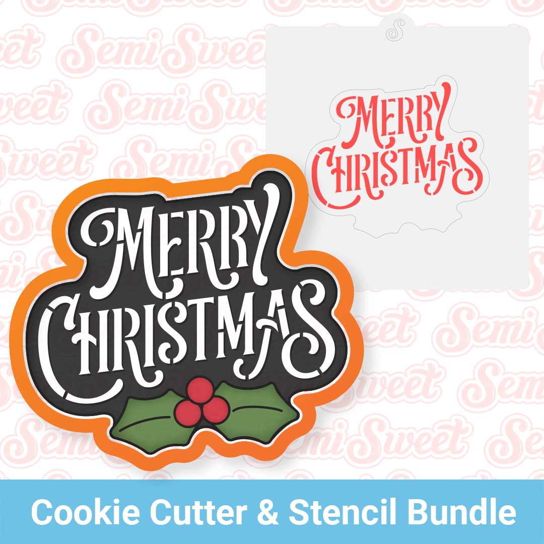 Merry Christmas Holly Cookie Cutter & Stencil Bundle