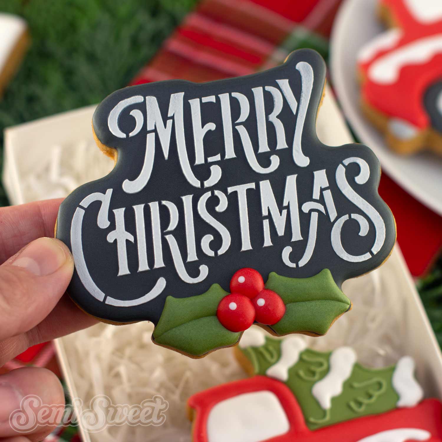 Merry Christmas Holly Cookie Cutter & Stencil Bundle