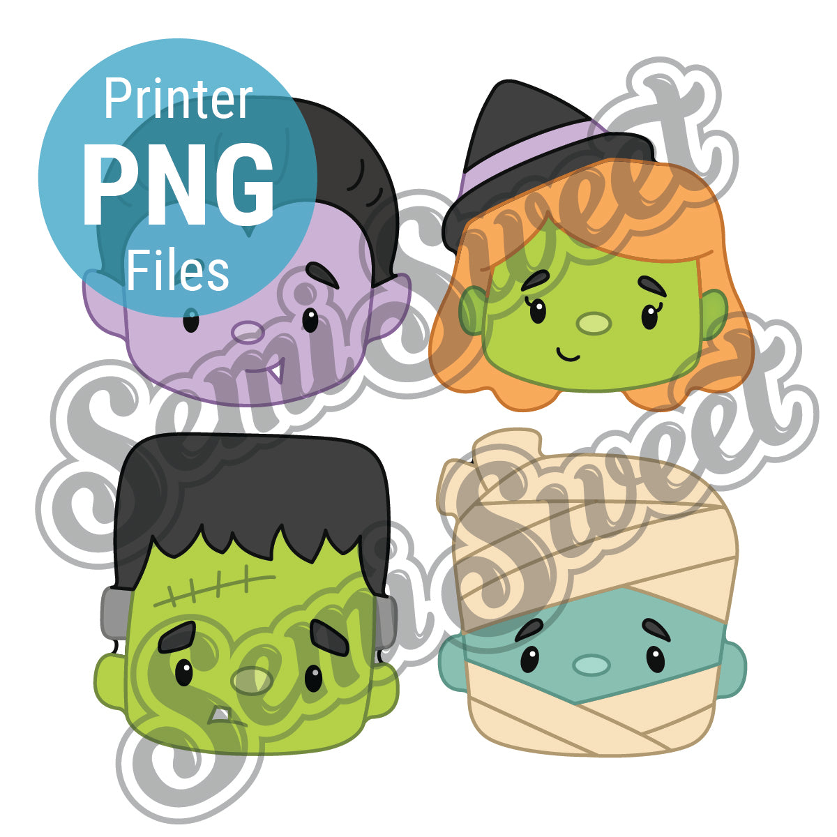 a vampire, a witch, a Frankenstein, and a mummy png made by semi sweet designs