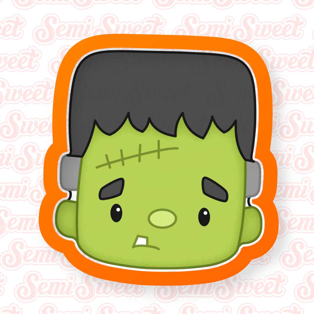 A cartoon-style Frankenstein's monster head graphic with a bright orange border, green face, black hair, and gray ear pieces on a white background with a faint repeating watermark.