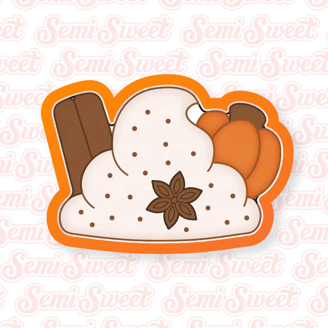 A cookie cutter featuring a stylized dessert illustration with a white cream, orange pumpkin pieces, a brown cinnamon stick, and a brown star anise, outlined in orange.