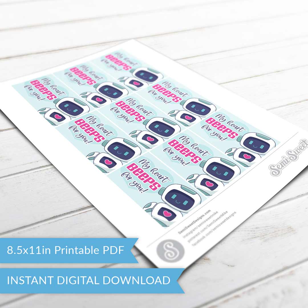 Robot- My Heart Beeps for You - You Compute Me - Instant Download Printable E-Tag