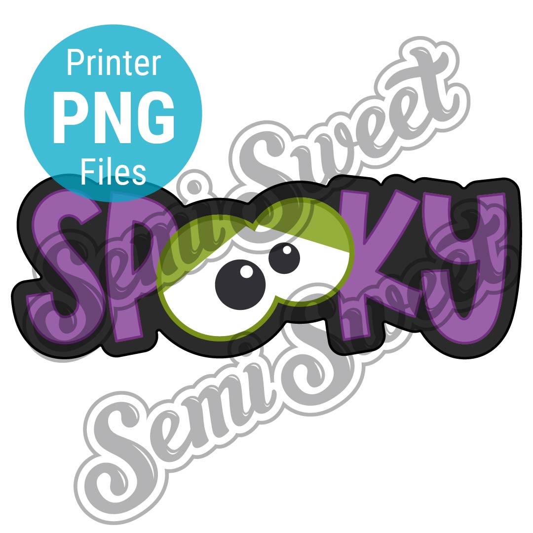 Spooky text with a cartoon eye design and 'Printer PNG Files' label on a white background.