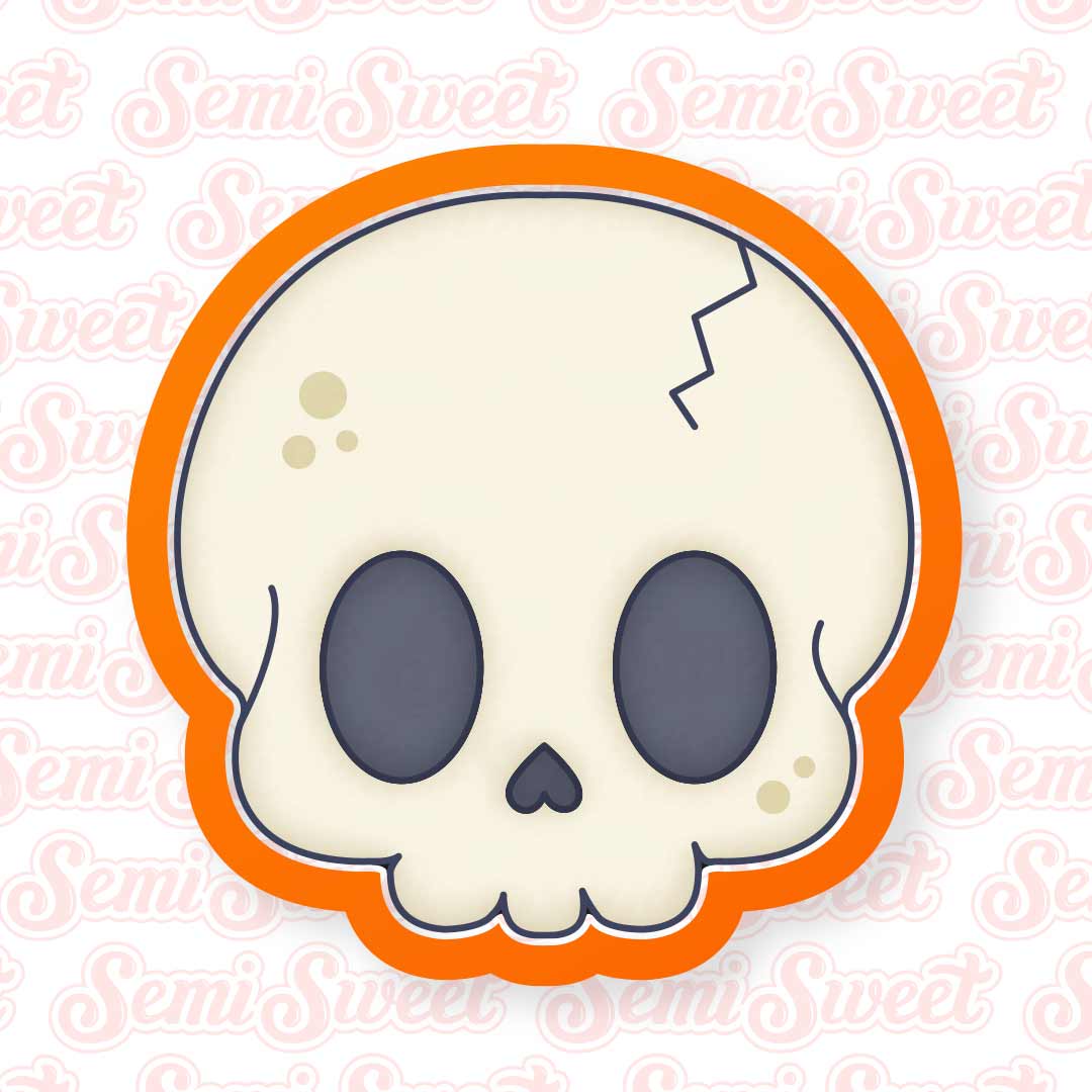 A cartoon-style skull sticker or decal with a cream face, dark gray eyes and nose, and a bright orange border, shown on a white background with a repeated 'SemiSweet' watermark.