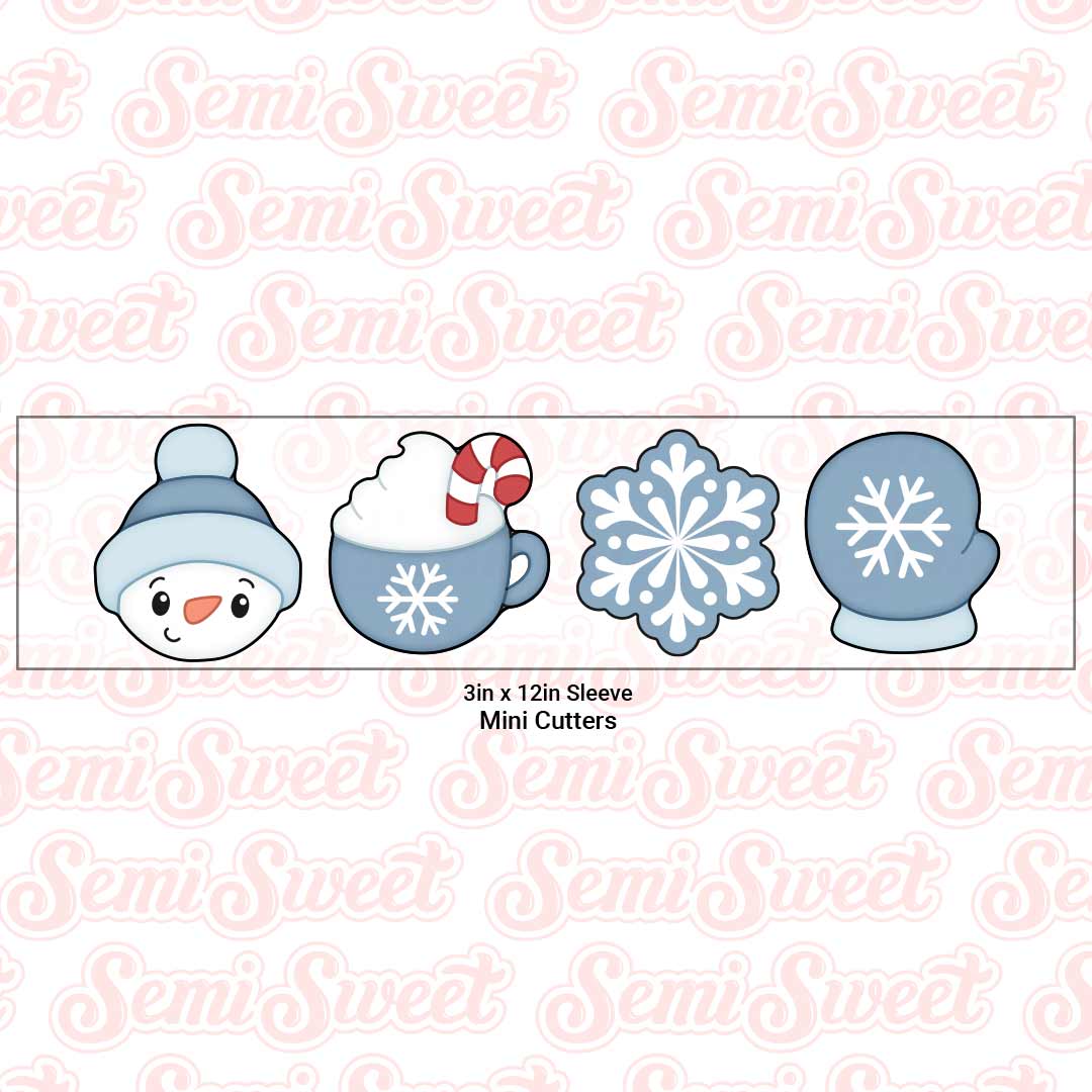 Decorative mini cutters with snowman, hot chocolate, and snowflake designs on a 'Semi Sweet' branded background.
