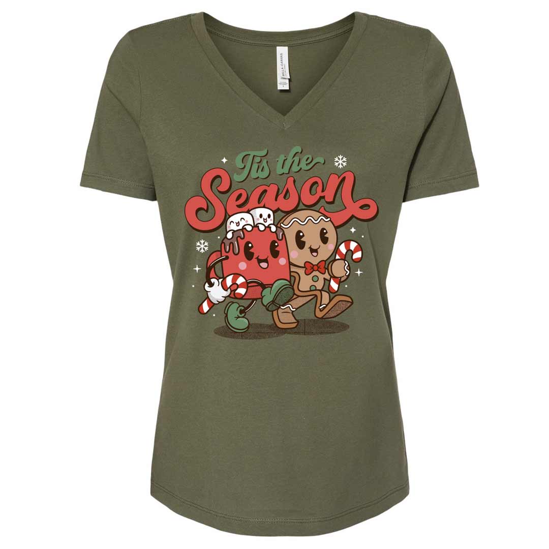 Tis the Season Gingerbread Hot Cocoa Ladies V-Neck T-Shirt