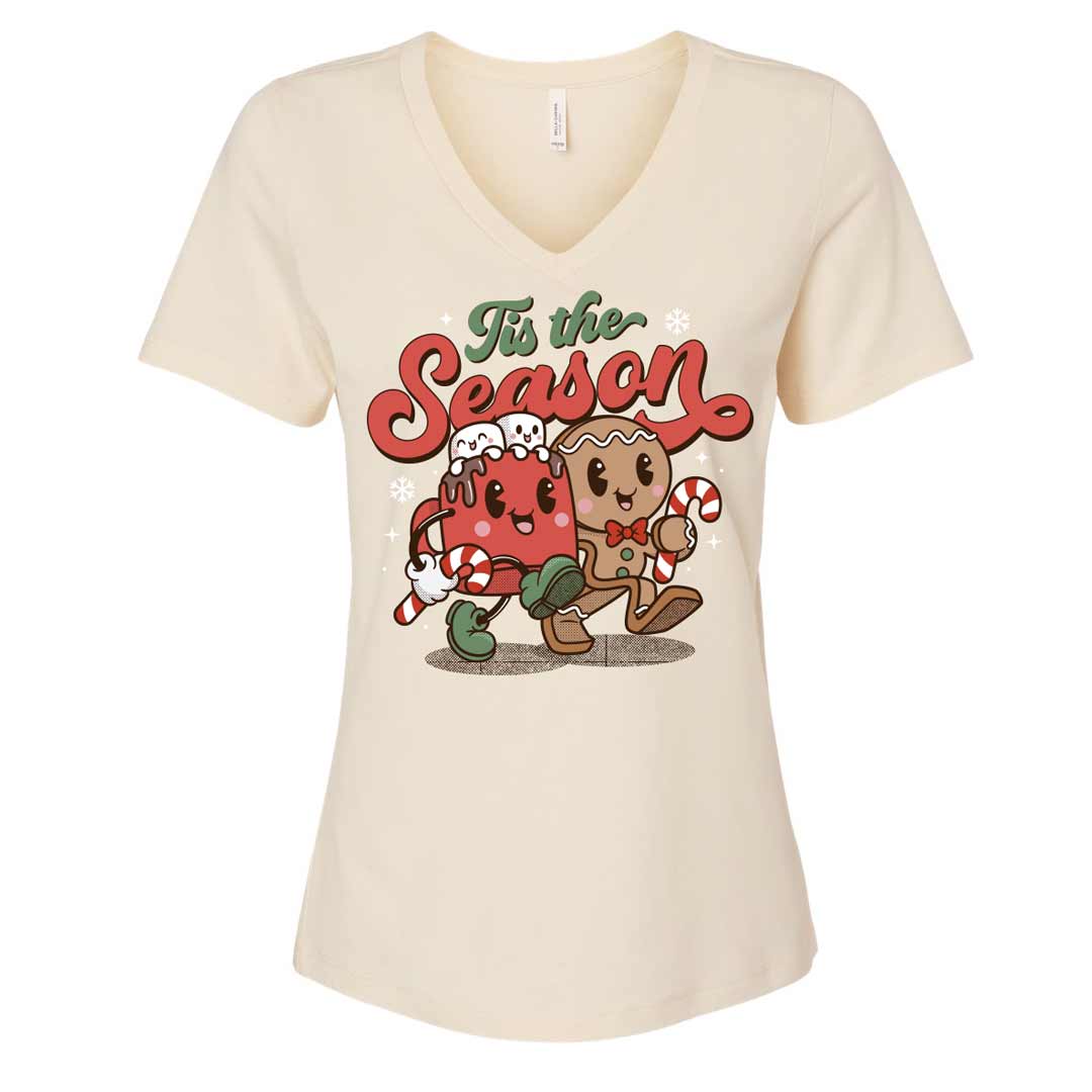 Tis the Season Gingerbread Hot Cocoa Ladies V-Neck T-Shirt