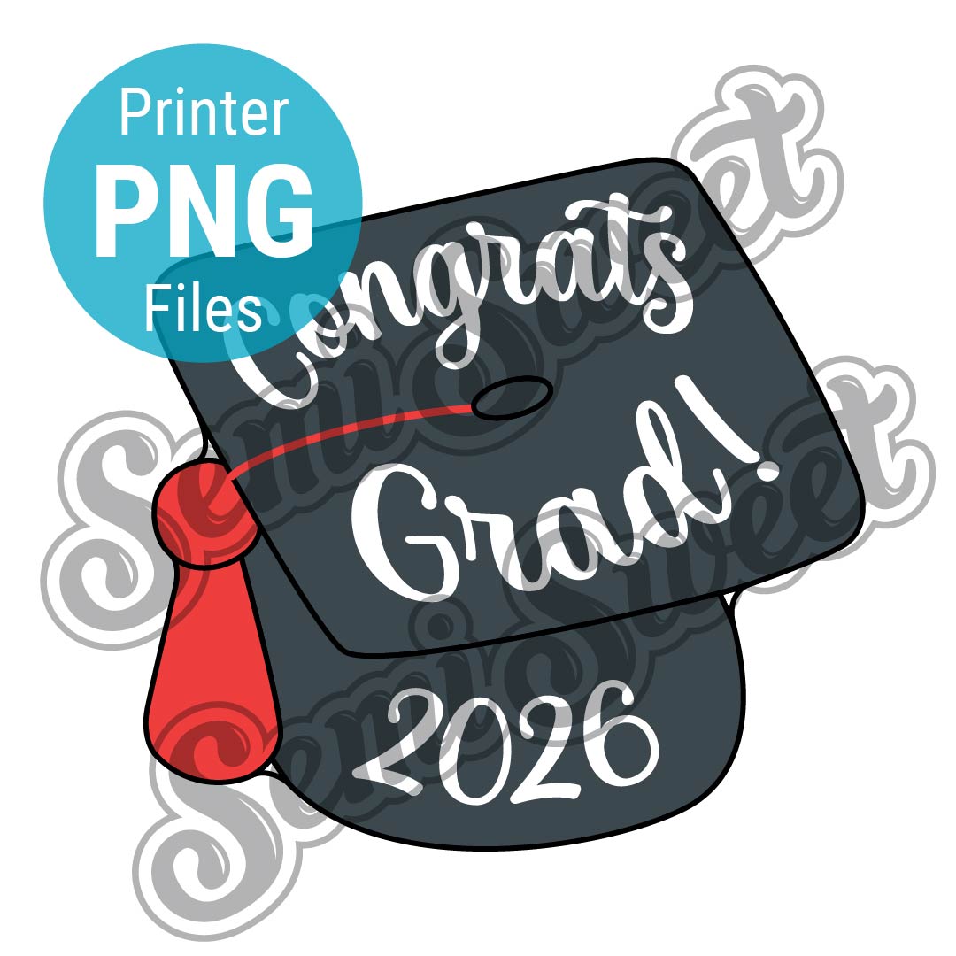 Graduation cap with 'Congrats Grad! 2026' text and red tassel on a white background. Made by Semi Sweet Designs