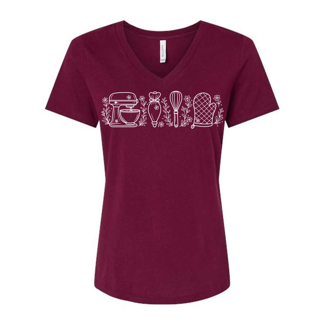 Wild Flower Baking Essentials Ladies V-Neck T-Shirt