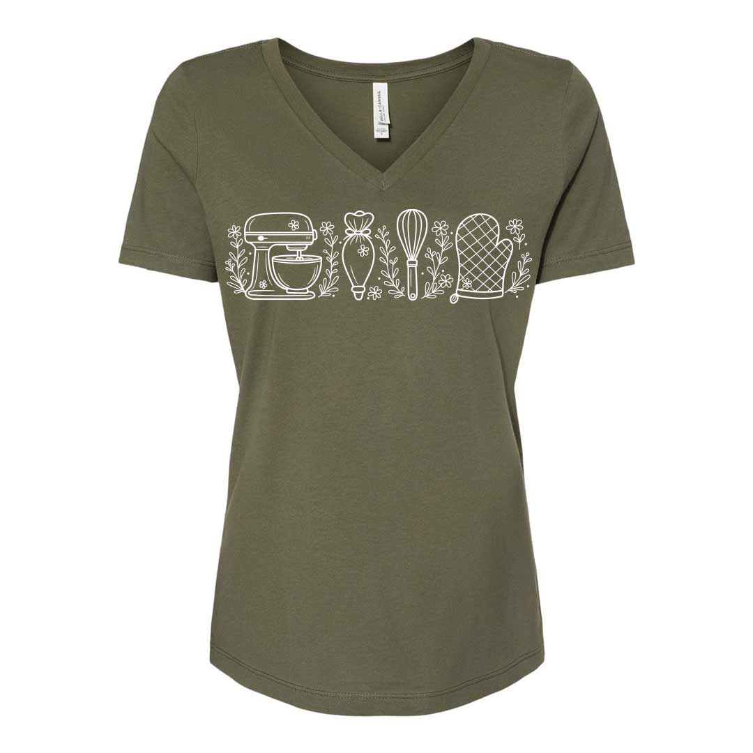 Wild Flower Baking Essentials Ladies V-Neck T-Shirt