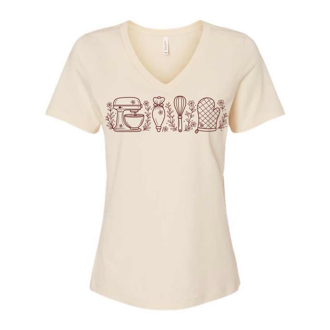 Wild Flower Baking Essentials Ladies V-Neck T-Shirt