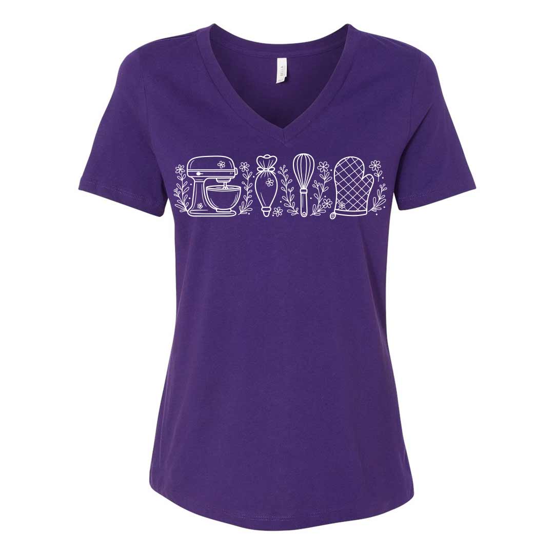 Wild Flower Baking Essentials Ladies V-Neck T-Shirt