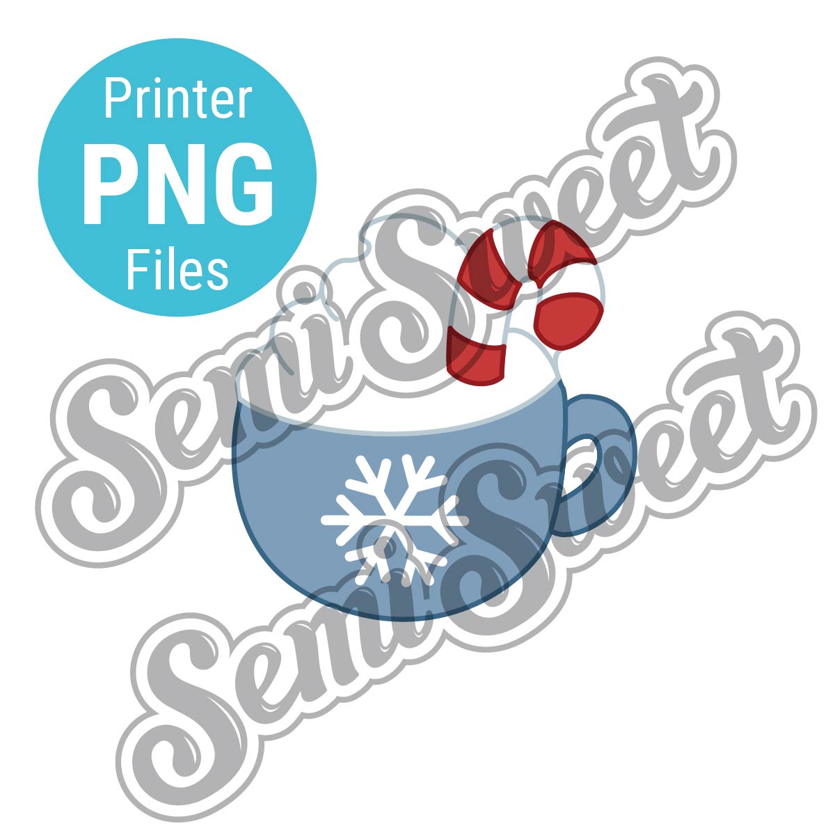 Latte with a blue mug with a candy cane and snowflake, made by Semi Sweet Designs.