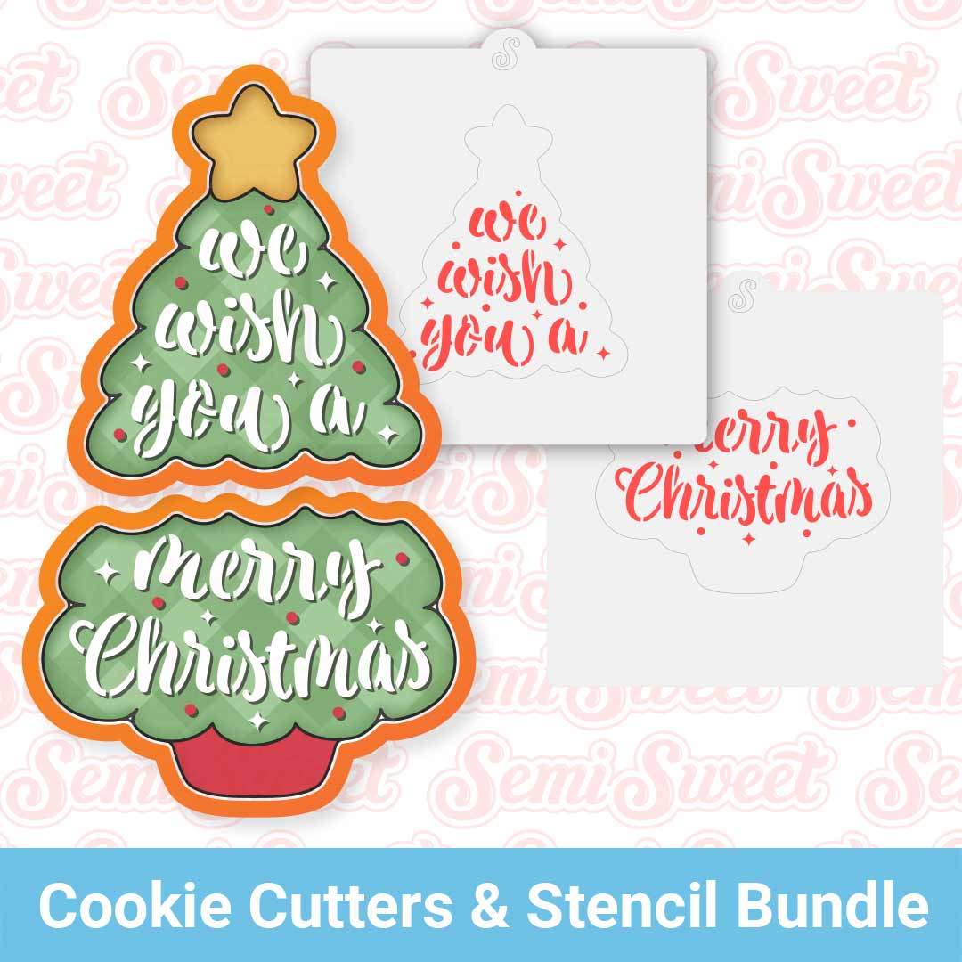 4-piece Wish You a Merry Christmas Tree Cookie Cutter & Stencil Bundle