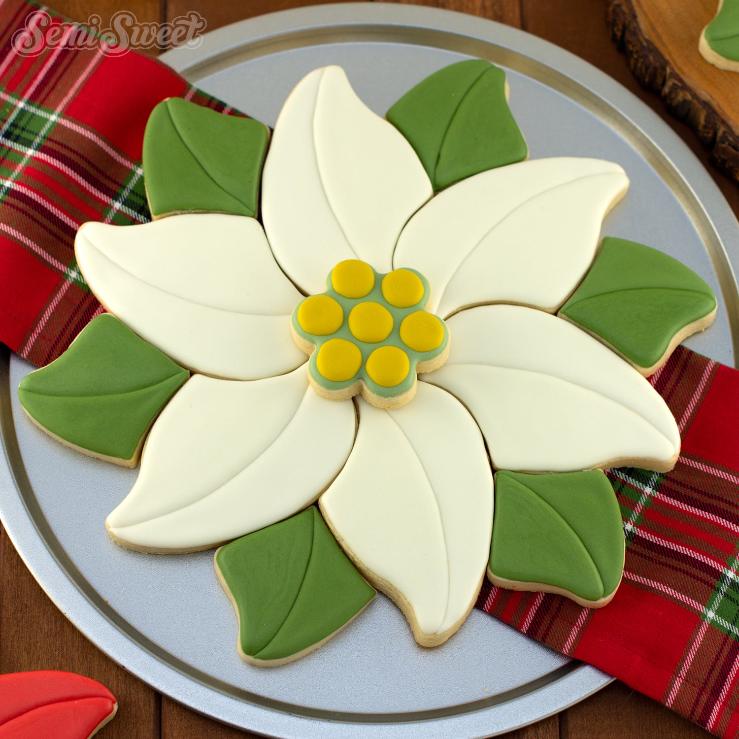 poinsettia cookie platter in white | Semi Sweet Designs