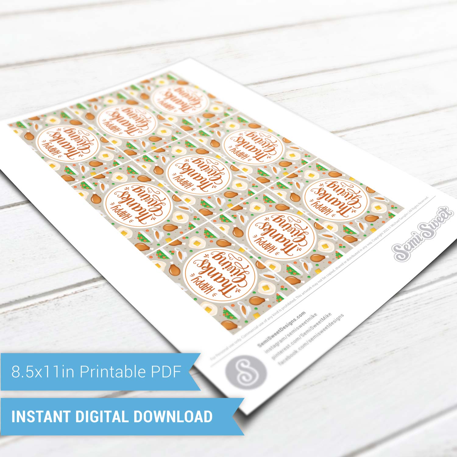 Happy Thanksgiving Turkey Dinner - Instant Download Printable E-Tag | Semi Sweet Designs